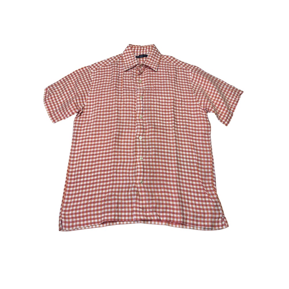 Brooks Brothers Irish Linen Gingham Short Sleeve‎ Button Up Shirt Men Size S